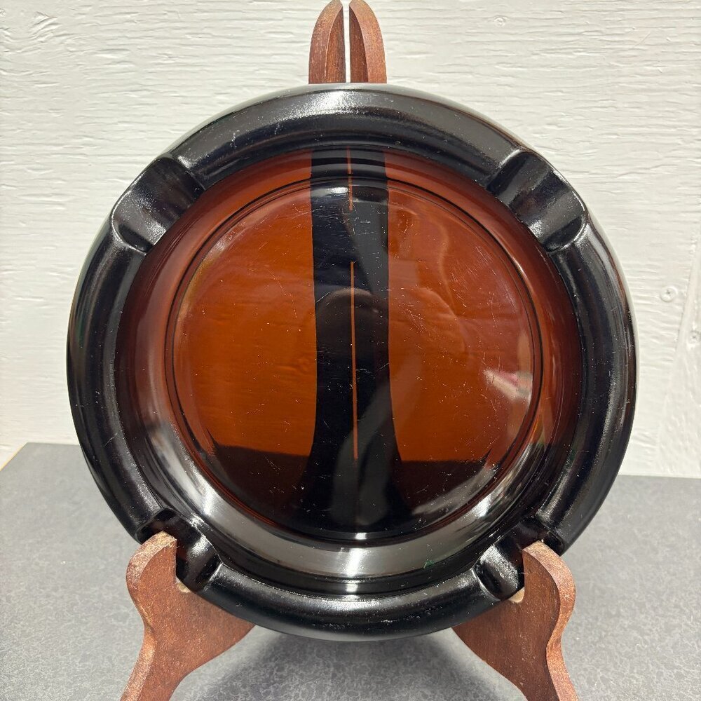 Vintage Large Cigar Amber Glass Round MCM Collectible Ashtray Circa 1960’s